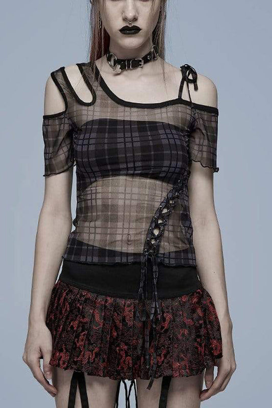 Asymmetrical Cutout Neckline Strap Design Plaid Mesh Women's Punk T-Shirt