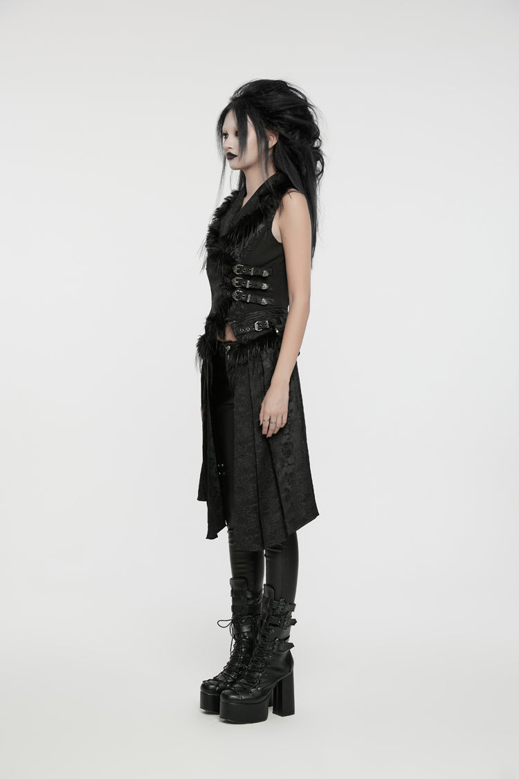 Black V Collar Sleeveless Jacquard Detachable Lace-Up Women's Gothic Vest