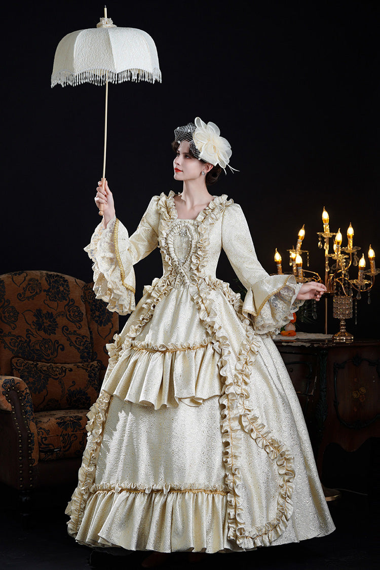 Champagne Square Collar Long Trumpet Sleeves Double-Layered Ruffled Open-Front Classic Vintage Palace Lolita Victorian Dress