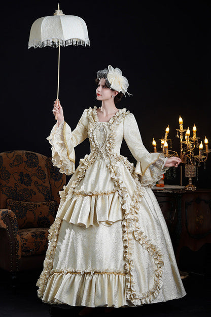 Champagne Square Collar Long Trumpet Sleeves Double-Layered Ruffled Open-Front Classic Vintage Palace Lolita Victorian Dress