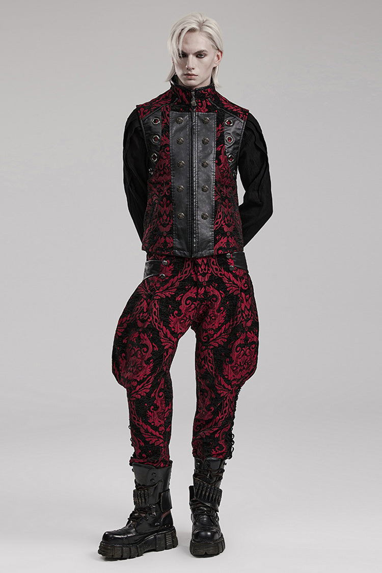 Black/Red Men's Stand Collar Jacquard Print Stitching Metal Ring Decoration Gothic Vest
