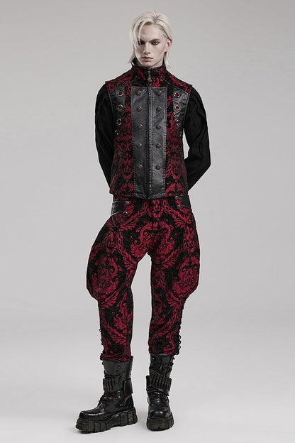 Black/Red Men's Stand Collar Jacquard Print Stitching Metal Ring Decoration Gothic Vest