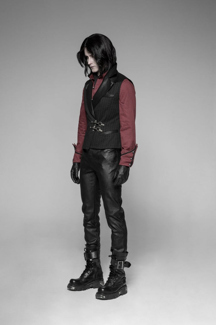 Black V Collar Sleeveless Metal Buckle Mens Steampunk Crossover Formal Vest