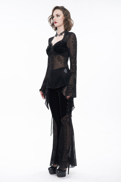 Black Velvet Mesh Splicing Metal Buttons Flared Sleeve Lace Women's Gothic T-Shirt