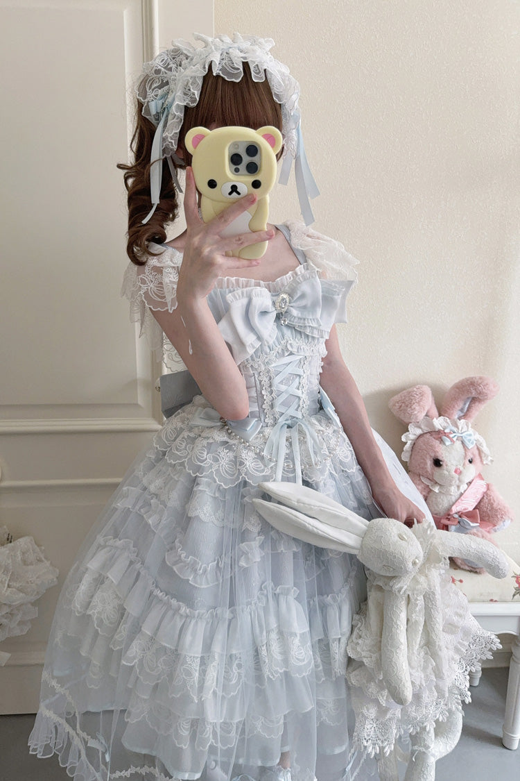Blue [Eternal Vow] Sleeveless Multi-Layered Ruffle Hanayome Bowknot Lace Lace-Up Sweet Lolita Jsk Dress