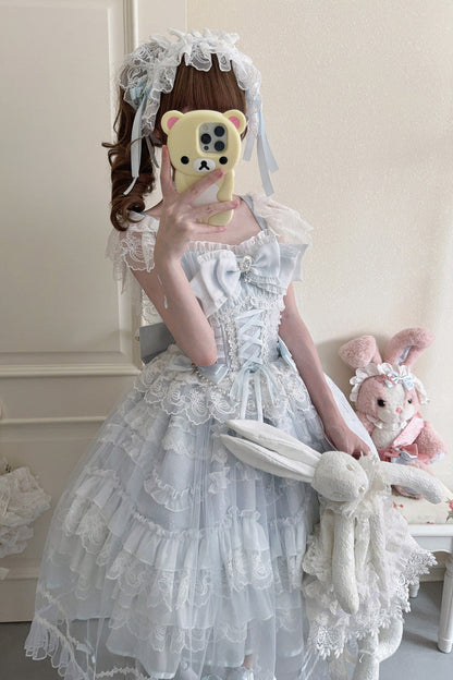 Blue [Eternal Vow] Sleeveless Multi-Layered Ruffle Hanayome Bowknot Lace Lace-Up Sweet Lolita Jsk Dress