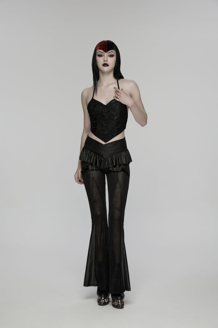 Black Ruffled Women's GothicRuffled Cobweb Pattern Flared Pants