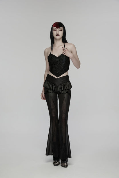 Black Ruffled Women's GothicRuffled Cobweb Pattern Flared Pants