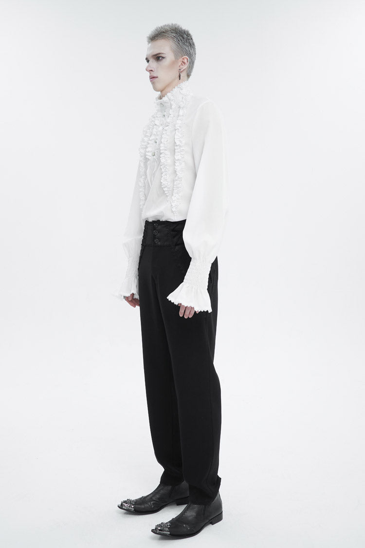 White Irregular Stand Collar Puff Sleeved Ruffled Men's Gothic Shirt