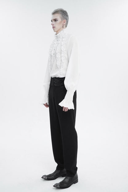 White Irregular Stand Collar Puff Sleeved Ruffled Men's Gothic Shirt