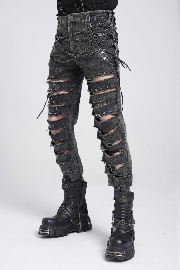 Black Ripped Rivet Men's Punk Pants with Chain