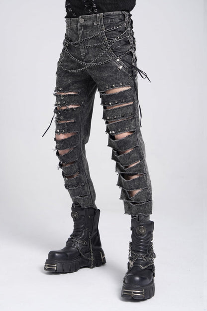 Black Ripped Rivet Men's Punk Pants with Chain