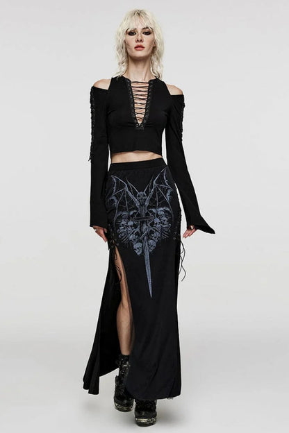 Black V Collar Off Shoulder Long Sleeves Hollow Tie Rope Womens Steampunk T-Shirt