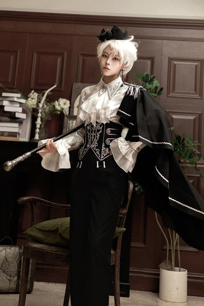 Black/White Embroidery Asymmetric Gothic Prince Handsome Ouji Lolita Set