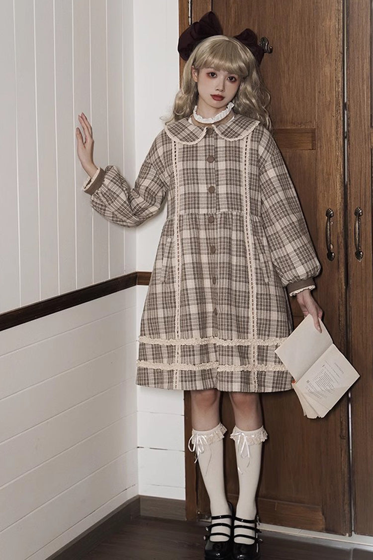 Light Brown Doll Collar Long Sleeves Multi-layer Print Bowknot Sweet College Style Lolita Dress Coat