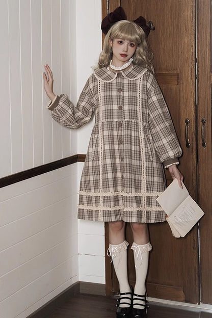 Light Brown Doll Collar Long Sleeves Multi-layer Print Bowknot Sweet College Style Lolita Dress Coat