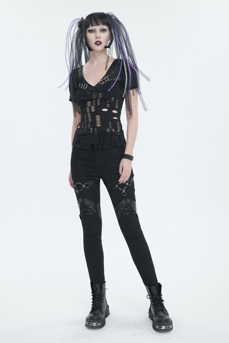 Black V Neck Stretch Destroyed Faux Leather Metal Ring Women's Punk T-Shirt