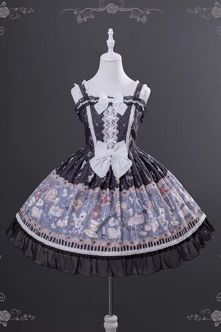 Black [Alice’s Fantasy Tale] Square Collar Sleeveless Printed Bow Gothic Lolita Dress