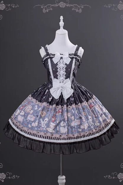 Black [Alice’s Fantasy Tale] Square Collar Sleeveless Printed Bow Gothic Lolita Dress