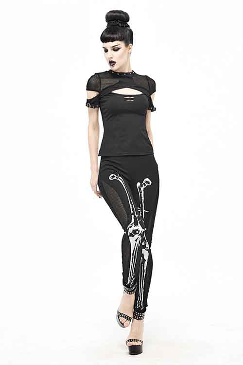Black Punk Knit Skull Marrowbone Printed Leggings Womens Pants