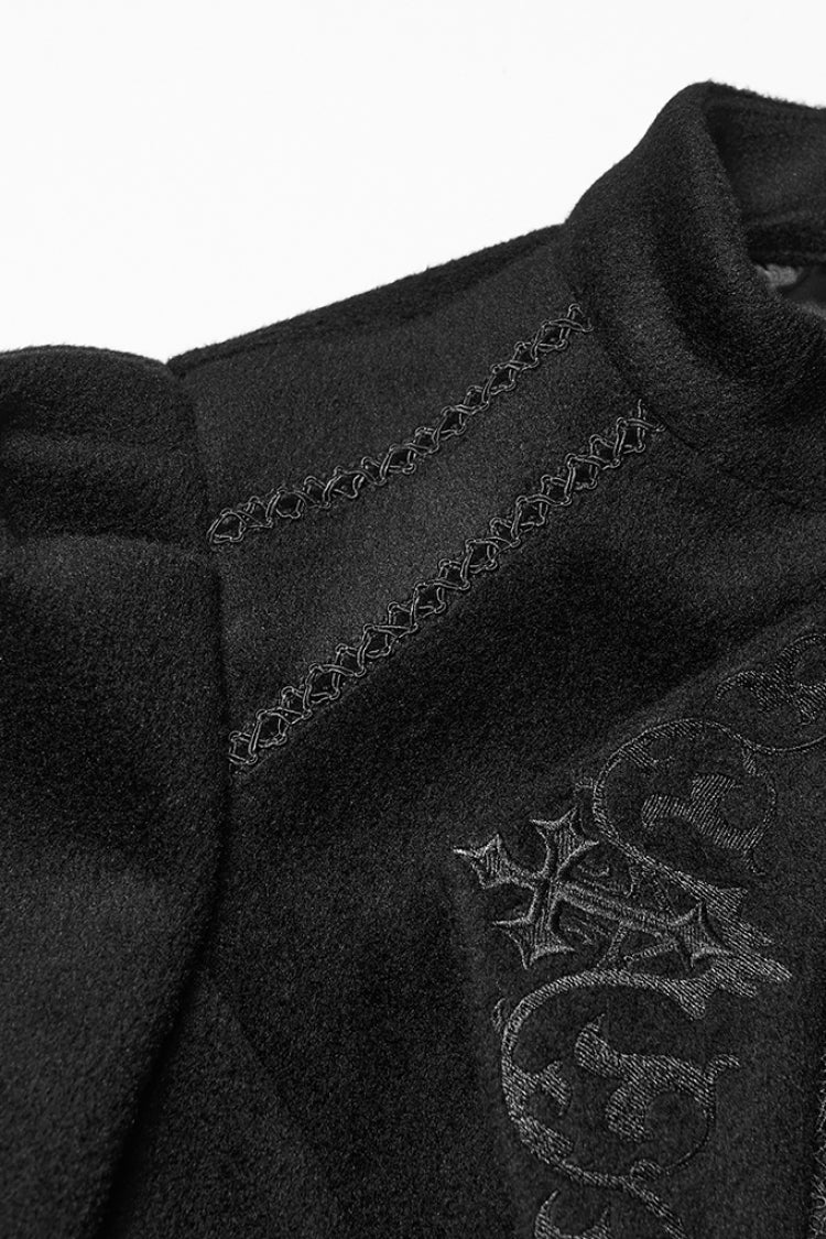 Black Stand Collar Long Sleeves Embroidered Lace-Up Zippered Women's Gothic Jacket