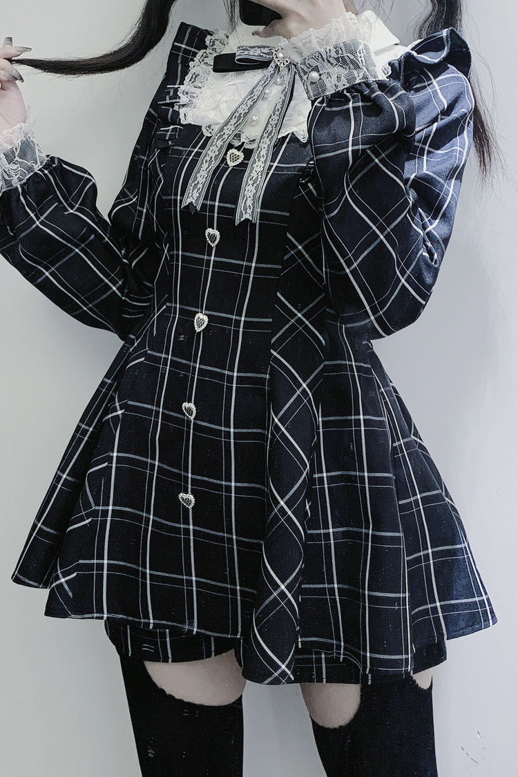 Black/White [Heart-beating Limited] Long Sleeves Plaid Print Print Bowknot Lace Gothic Jirai Kei Dress Set