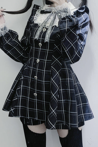 Black/White [Heart-beating Limited] Long Sleeves Plaid Print Print Bowknot Lace Gothic Jirai Kei Dress Set