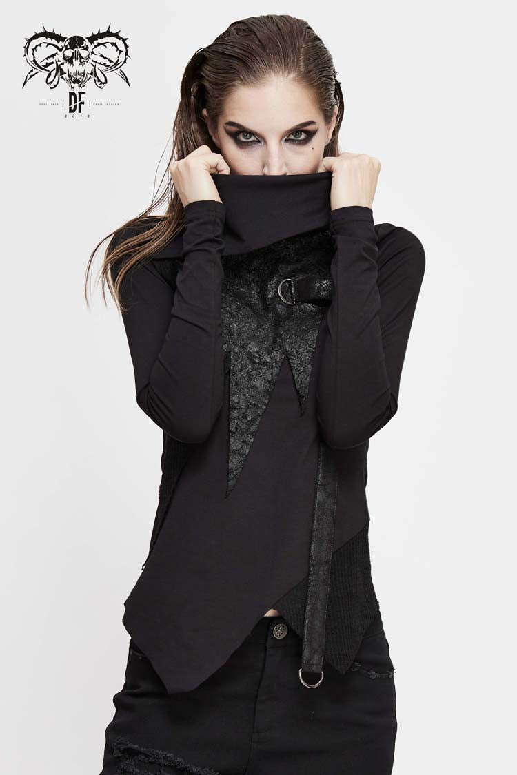 Black Worn Out Cross Shaped Hasp Long Sleeve High Collar Asymmetric Hem Women's Punk T-Shirt
