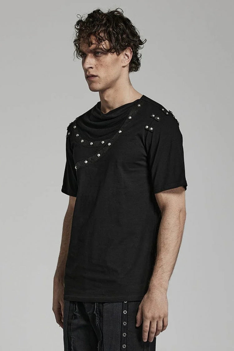 Black Short Sleeves Asymmetric Mens Daily Steampunk T-Shirt