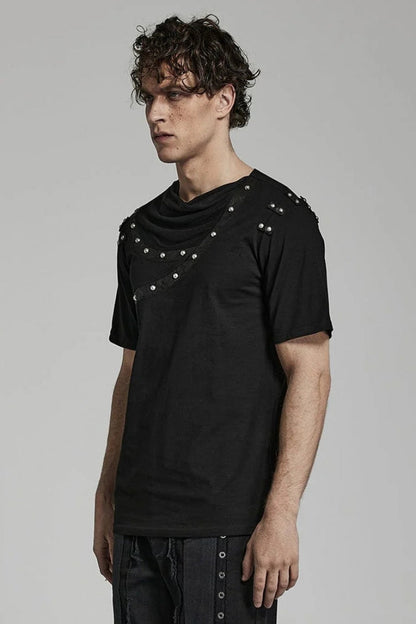 Black Short Sleeves Asymmetric Mens Daily Steampunk T-Shirt