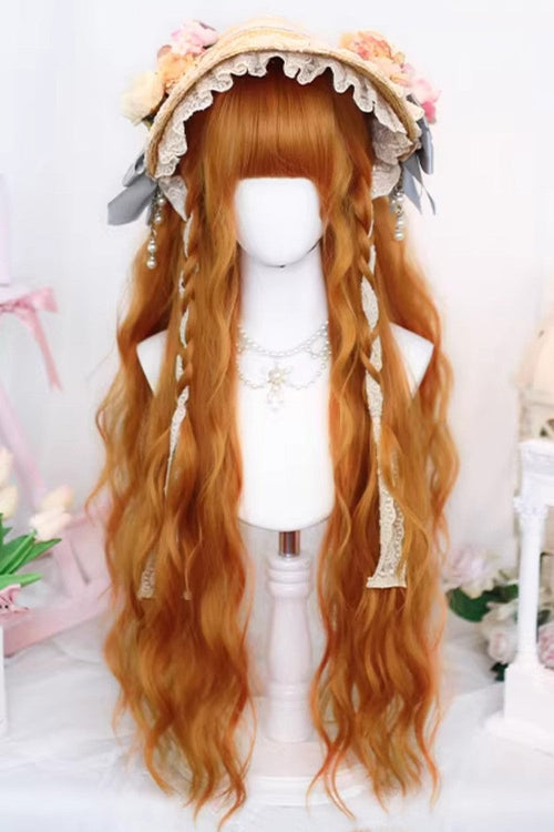 Orange Brown Long Wavy Wig Blunt Bangs Sweet Daily Lolita