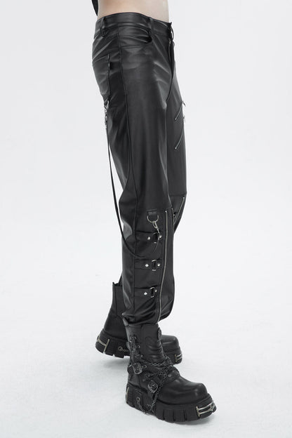 Black Removable Right Side Zipper Faux Leather Men's Punk Pants