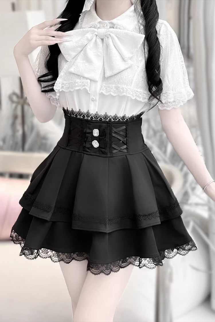 [Dark Moon Shadow] Short Sleeves Double-Layered Ruffled Embroidered Bow Lace-Up Gothic Jirai Kei Lolita Top + Skirt Set