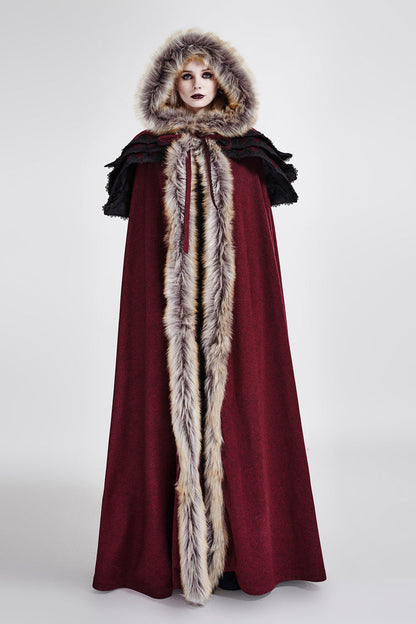 Red Hooded Fur Collar Wool Long Womens Gothic Coat Cloak