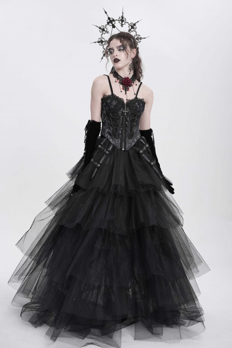 Black Sleeveless Embroidery Lace Chain Women's Gothic Vest