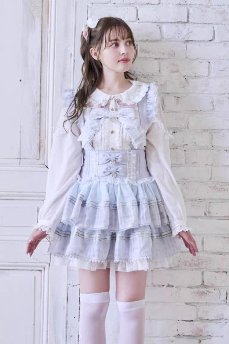 Sweet High Waisted Double-Layered Ruffle Bowknot Stitching Lace Plus Size Japanese Lolita Strap Dress 3 Colors