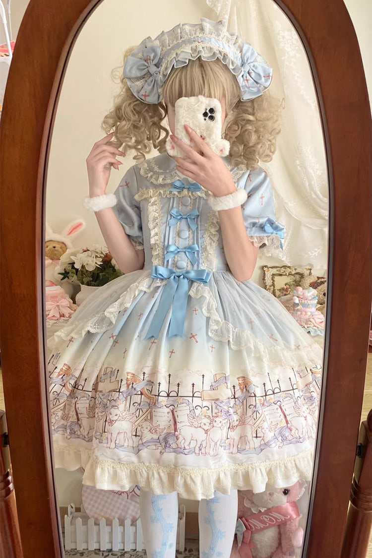 Blue [Angel Lamb] Lapel Collar Short Sleeves Printed Ruffled Bow Sweet Lolita Dress