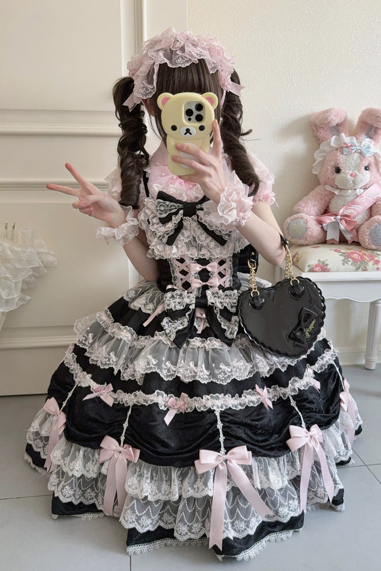 Black/Pink [Silk Satin Gift Box] Square Collar Sleeveless Multi-Layered Ruffled Bow Lace Sweet Lolita Jsk Dress