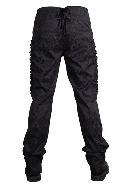 Black Side Discoid Flowers Back Waist Lace Up Gothic Jacquard Mens Pants