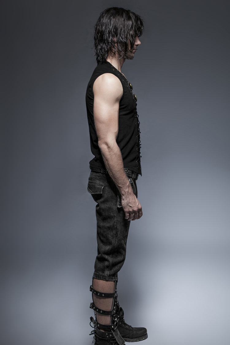 Black V-Neck Chest Leather Hasp Metal Rings Cross Lace-Up Men's Punk Vest