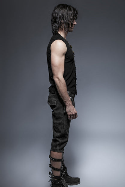 Black V-Neck Chest Leather Hasp Metal Rings Cross Lace-Up Men's Punk Vest