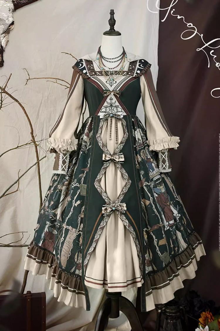 Dark Green [Tarot] Print Long Puff Sleeves Ruffle Bowknot Ripped Sweet Elegant Lolita Dress