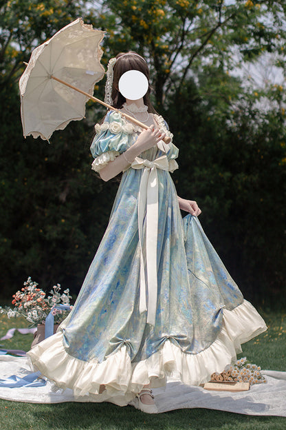 Blue [Oil Painting Sun and Moon Poem] Short Sleeves Print Ruffle Bowknot Sweet Princess Lolita Dress