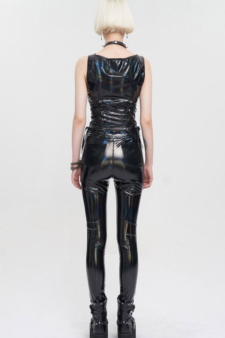 Black Punk Elasticity Color Changing Bright Leather Front Middle Zipper Drawstring On Both Sides Women's Waistcoat