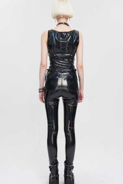Black Punk Elasticity Color Changing Bright Leather Front Middle Zipper Drawstring On Both Sides Women's Waistcoat