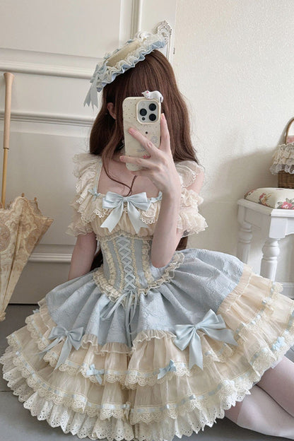 Blue [Flory Butterfly] Double-Layered Ruffle Bowknot Lace Lace-Up Sweet Ballet Lolita Jsk Dress
