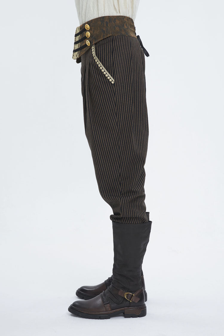 Brown High Waisted Striped  Lace-Up Men's Gothic Pants