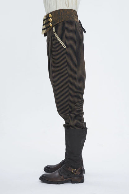 Brown High Waisted Striped  Lace-Up Men's Gothic Pants
