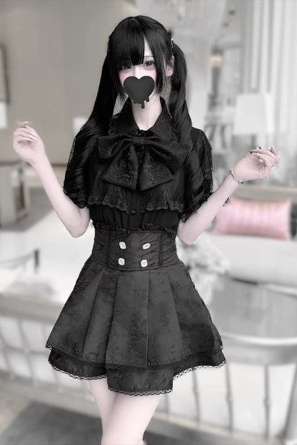 [Dark Moon Shadow] Short Sleeves Double-Layered Ruffled Embroidered Bow Lace-Up Gothic Jirai Kei Lolita Top + Skirt Set