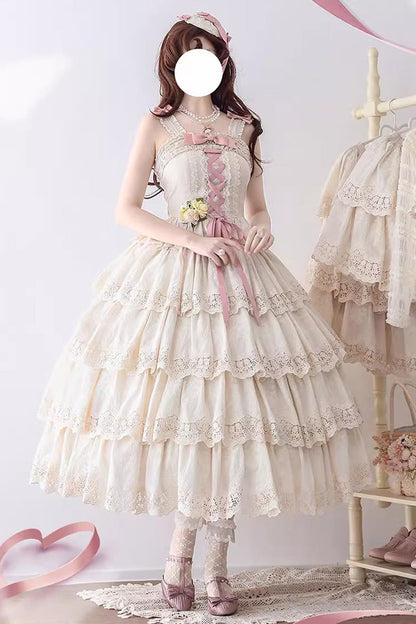 Ivory [Forest Waltz] Embroidery Bowknot Lace-Up Slim Sweet Elegant Lolita Suspender Top